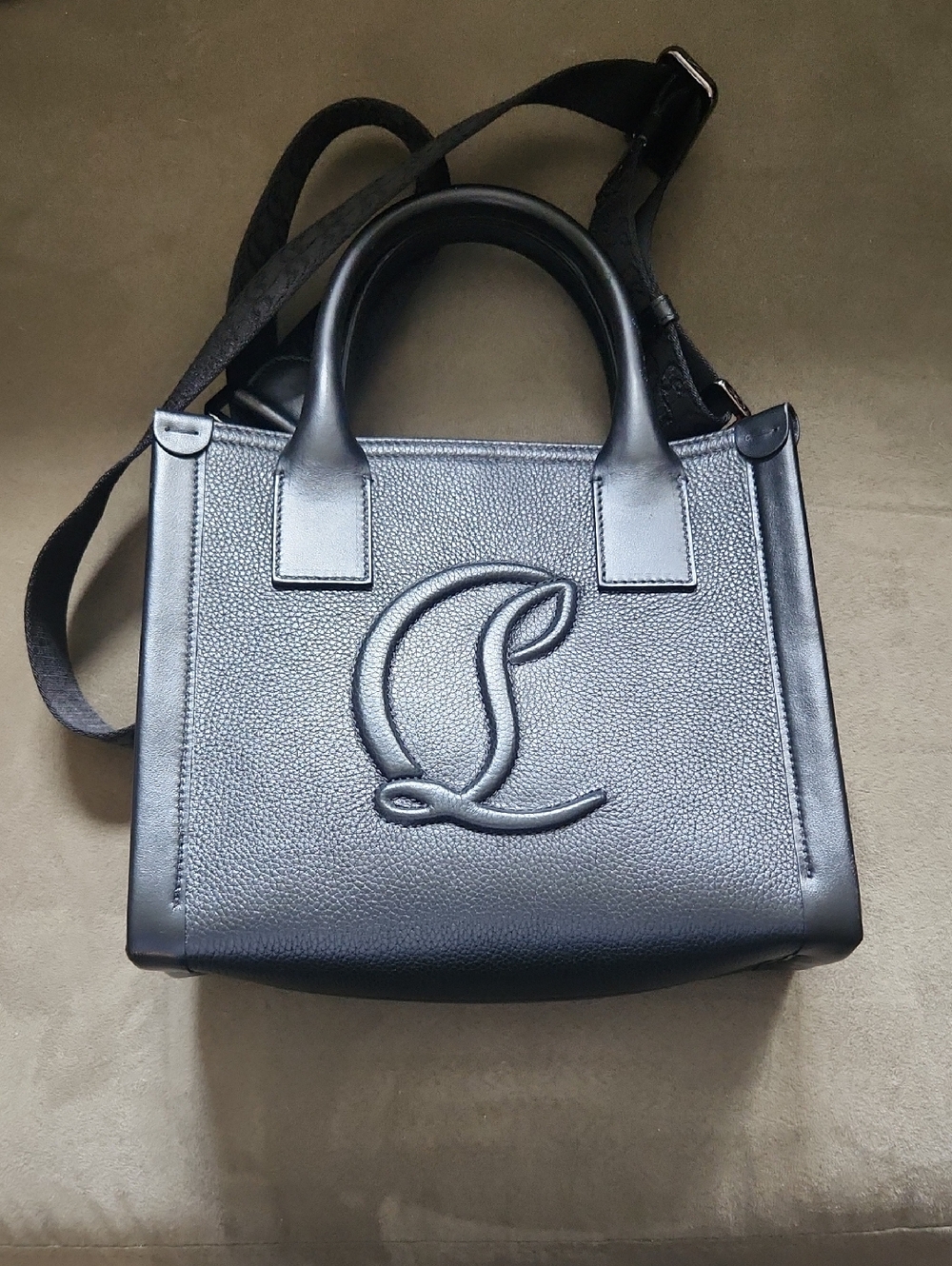 Christian Louboutin Black Pebbled Leather 'L' Embossed Top Handle Crossbody